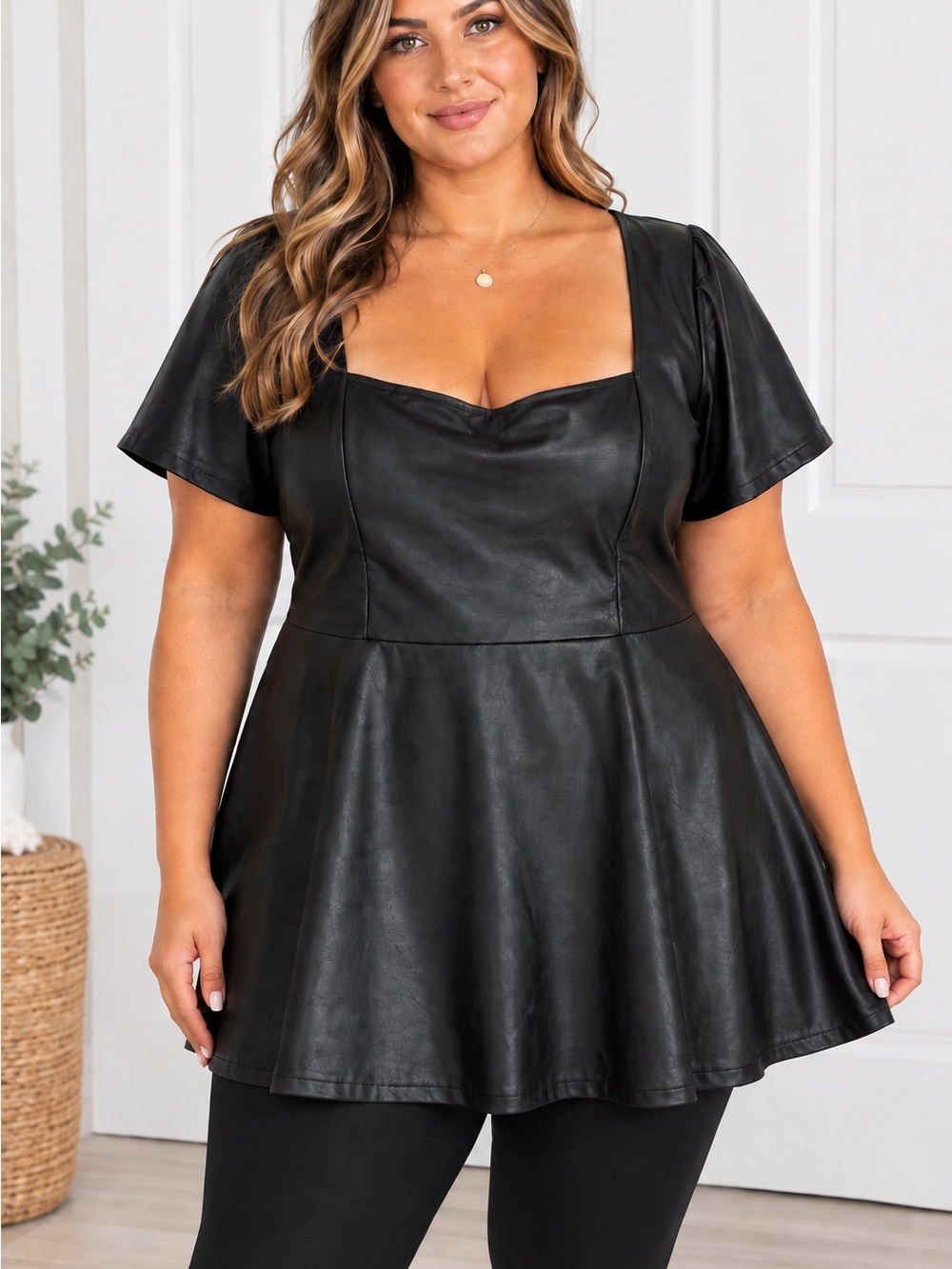Torrid Black Faux Leather Square Neck Peplum Top Plus Size 4 4X NWT